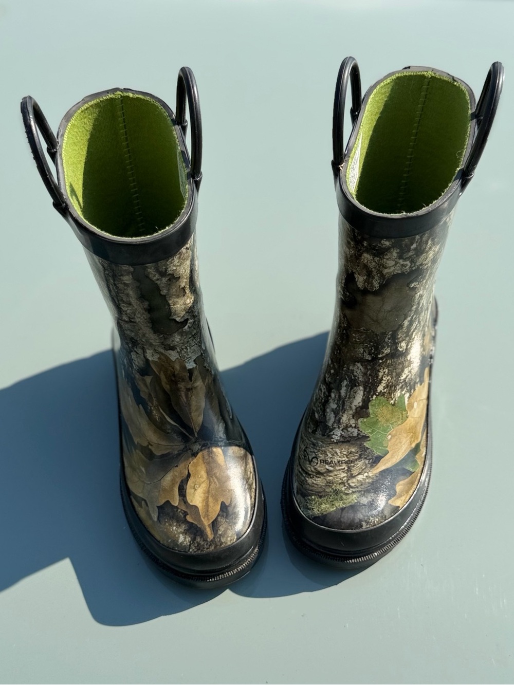 Magellan Outdoors Leaf Camo Kids Rain Boots in Olive and Lime